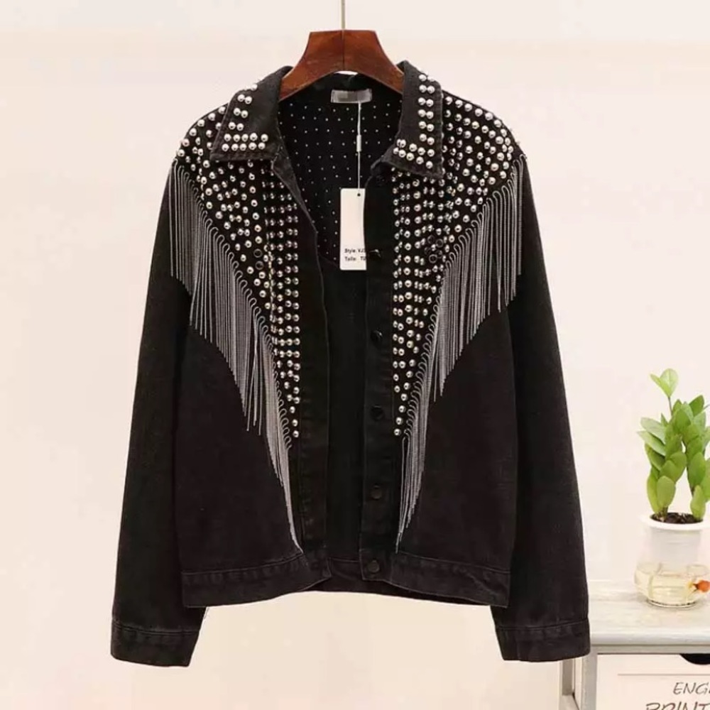 SOLD OUT Black Oversized Studded Chain Fringe Denim Jacket - Picture 3 of 8